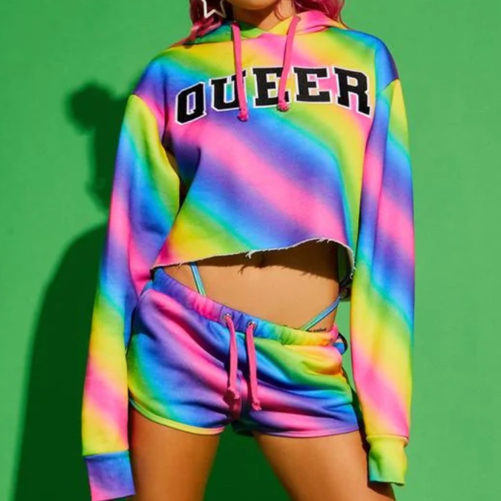 Dolls Kill Club Exx Playful Player Queer 69 Cropped Hoodie Rainbow Size Large - Picture 6 of 11